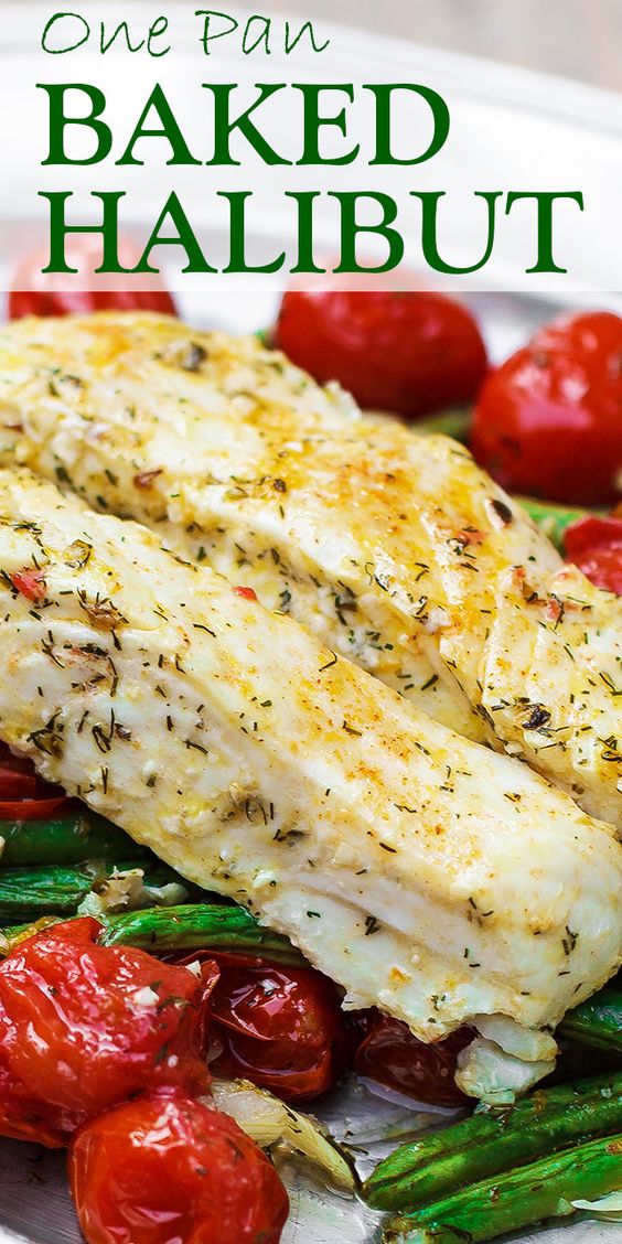 Make this easy halibut recipe with green beans and cherry tomatoes in 30 minutes or less! It bakes in a flavorful Mediterranean-style sauce with olive oil, lemon juice, dill weed and lots of garlic.