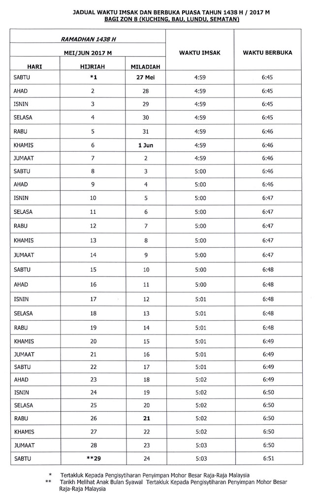 Jadual Waktu Buka Puasa dan Imsak 2017 - Sarawak