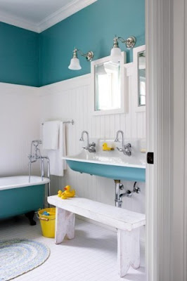 sink trough bathroom kid obsessing currently bathrooms turquoise idea paint walls yellow teal fun colorful colors shower decorating wainscoting guest