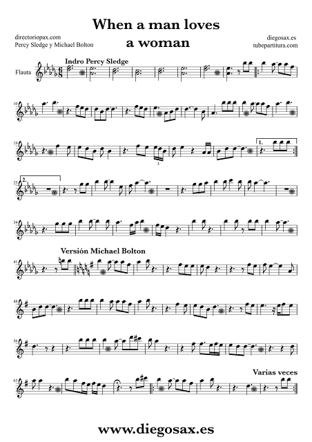 Partitura de When a Man Loves a Woman para Flauta Travesera, flauta dulce y flauta de pico by Percy Sledge y Michael Boltn Music Score Flute and Recorder Sheet Music Cuando Un Hombre Ama A Una Mujer Partitura
