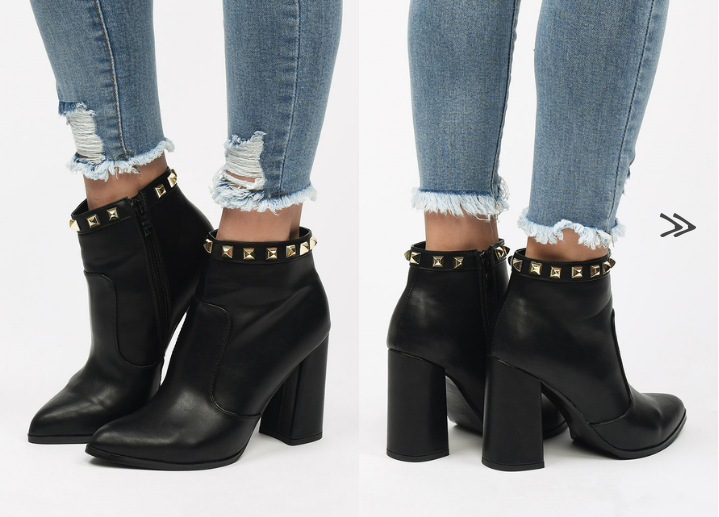 Botine elegante de zi cu toc Negre si insertii metalice aurii Botine elegante de zi cu toc Negre si insertii metalice aurii