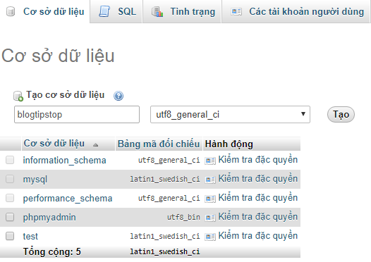 Tạo database mới