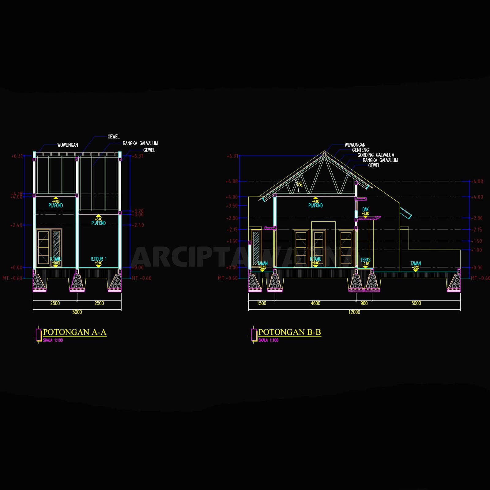 Gambar Kerja Rumah Type 36 / 5X12 Download Format dwg