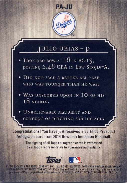 Dodgers Blue Heaven Julio Urias Checklist of his Early Baseball Cards