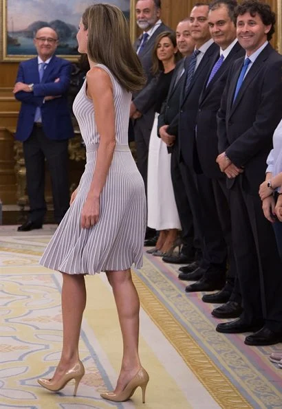 Queen Letizia wore Hugo Boss pleated Skirt occasion dress, Magrit pumps and Tous Jewelers Gold diamond earrings