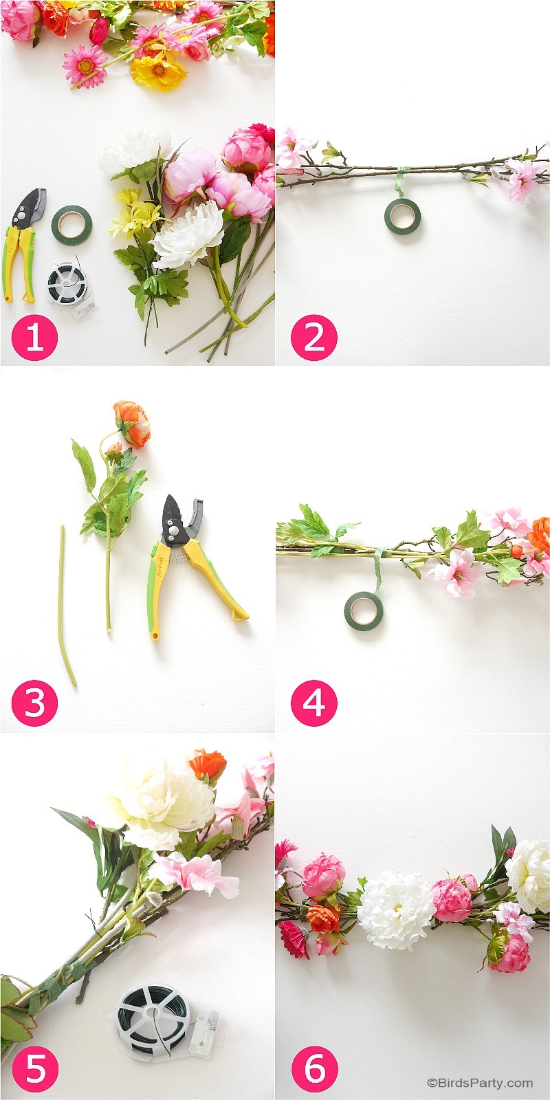 DIY Floral Table Runner - learn to make this easy table decor centerpiece for your Easter brunch, baby or bridal showers, weddng or Spring parties! | BirdsParty.com @BirdsParty