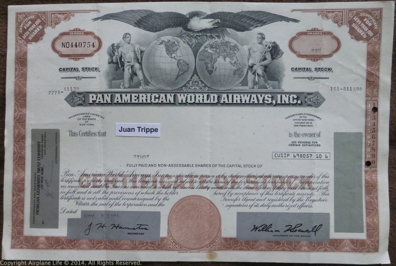 Airplane Life Pan Am Stock Certificate