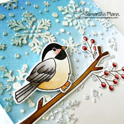 Warm Winter Wishes Card by Samantha Mann for Newton's Nook Designs, Embossing Paste, Glitter, Embossing Powder, Birds, Distress Inks, Chickadee, Cards #newtonsnook #distressink #embossingpowder #heatembossing #witnerbirds #winter #cards