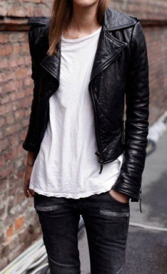 Edgy look | Leather jacket, white t-shirt and black pants ...