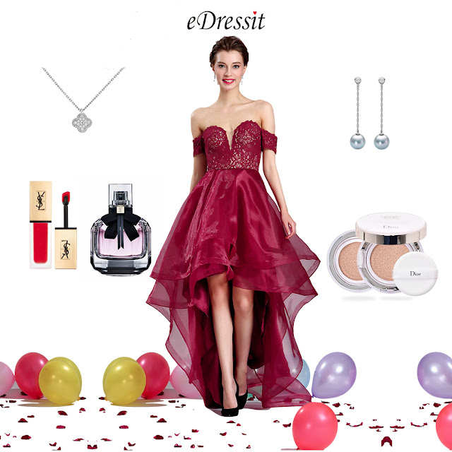 burgundy off shoulder high low prom dress