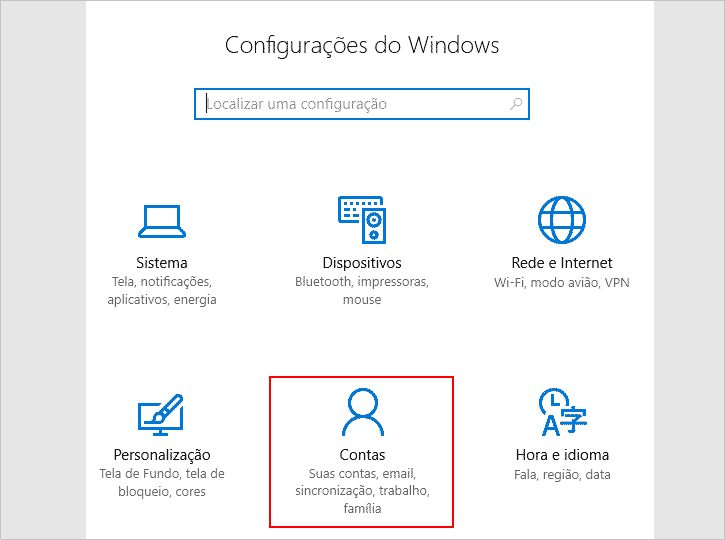 Acessando as configurações de contas no Windows 10