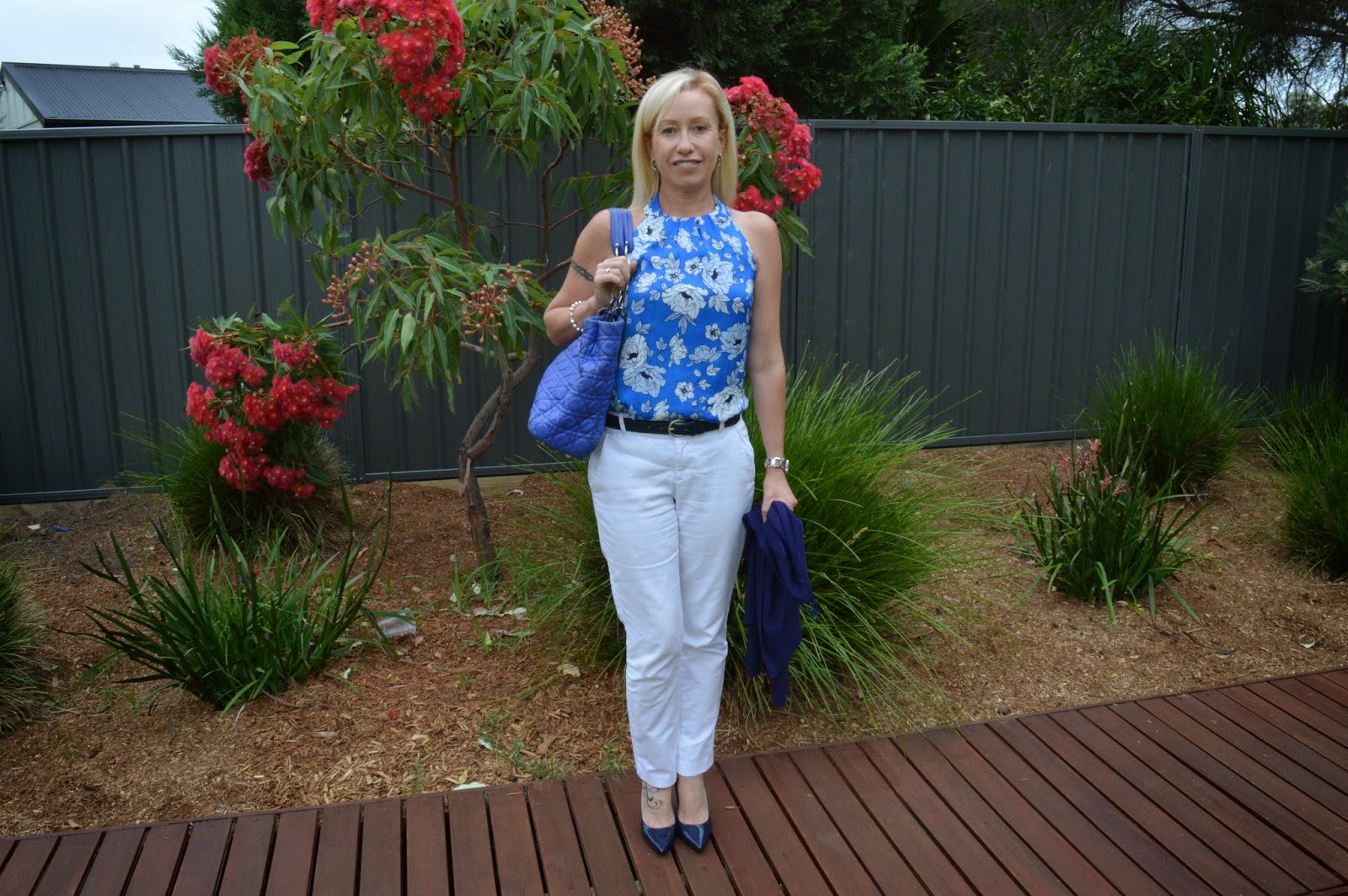 Sydney Fashion Hunter - White Pants, Blue Floral Top, Navy Pumps, Blue Dior Tote