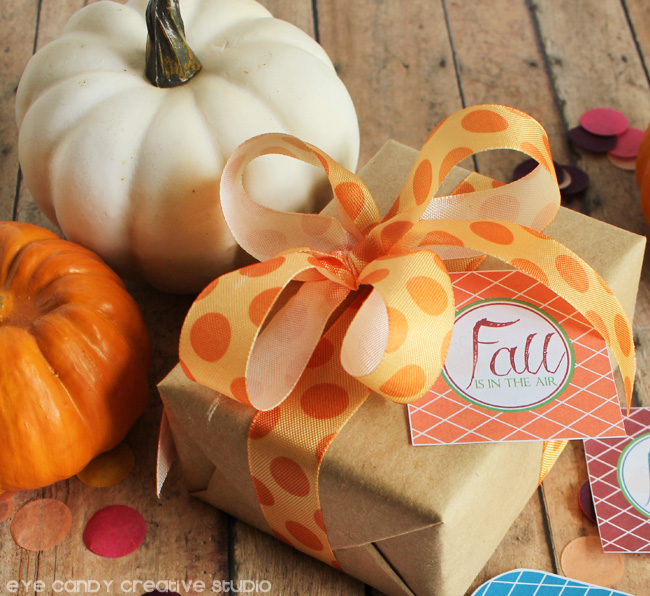 polka dot ribbon, kraft gift wrap, pumpkins, fall gift tags, orange ribbon