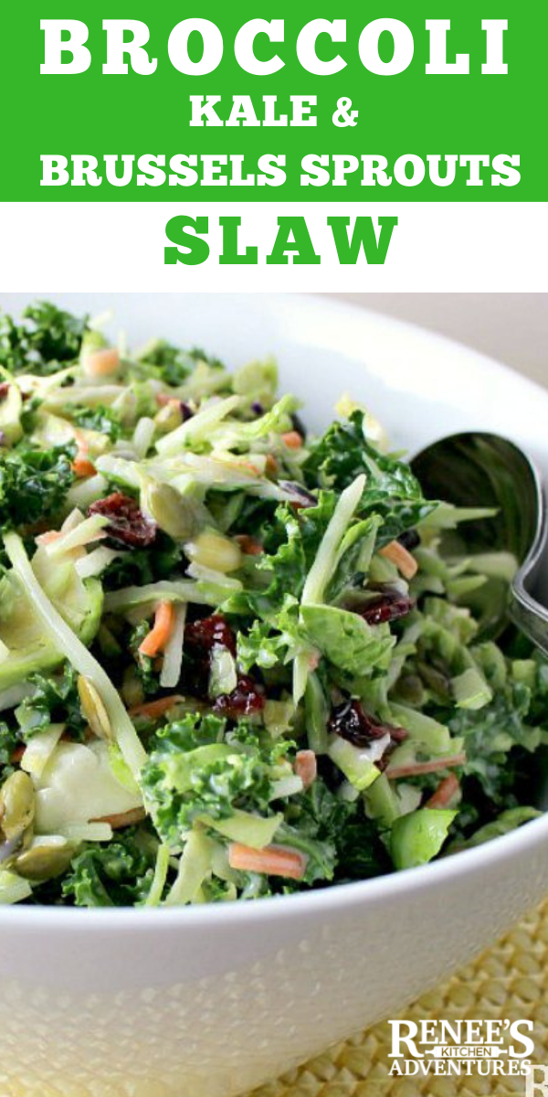 Broccoli, Kale, & Brussels Sprouts Slaw pin for Pinterest