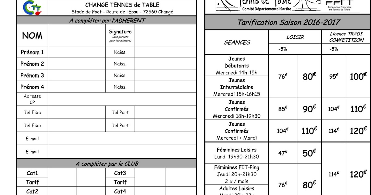 Tennis de Table Changé 72: inscriptions 2017
