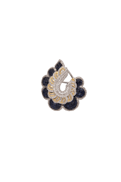 Floral inspired earrings curated in 18K gold studded with fine-cut diamonds and blue sapphire in an invisible setting by Tanya Rastogi for Lala Jugal Kishore Jewellers- Floral inspired earrings curated in 18K gold studded with fine-cut diamonds and blue sapphire in an invisible setting by Tanya Rastogi for Lala Jugal Kishore Jewellers-