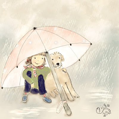 Illustration von einem kleinen Mädchen, welches mit ihrem Hund unter einem großen Regenschirm sitzt.
