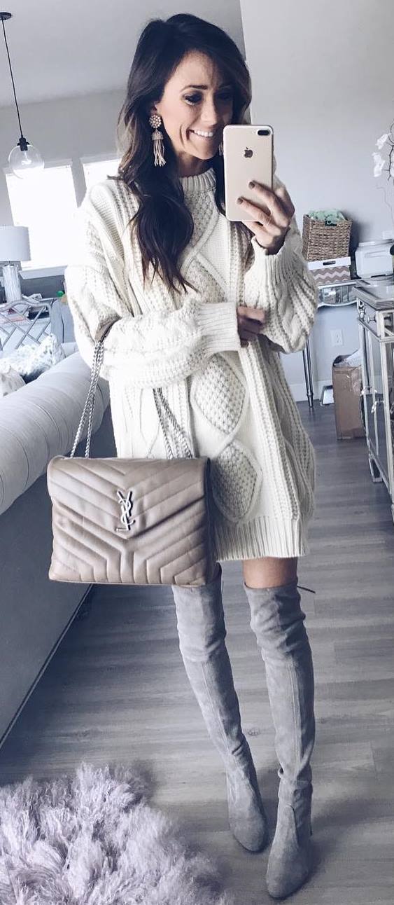 trendy outfit idea / sweater dress + bag + grey over the knee boots