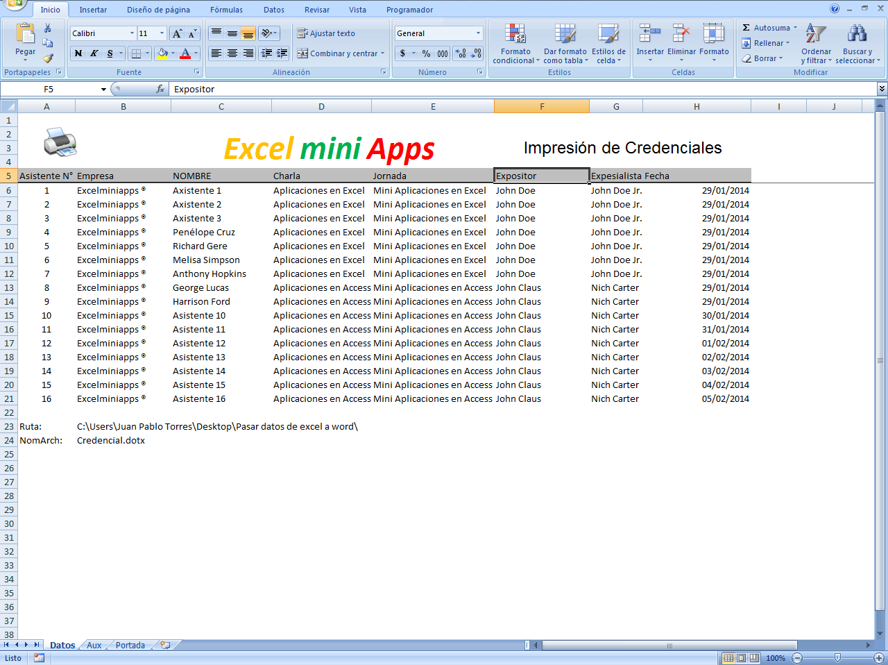 mini aplicaciones en excel pasar datos de excel a word con macro formato de credenciales en word