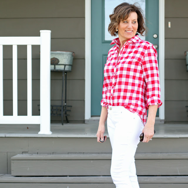 Red and white gingham Archer Shirt by Grainline Studio made with fabric from Indiesew.