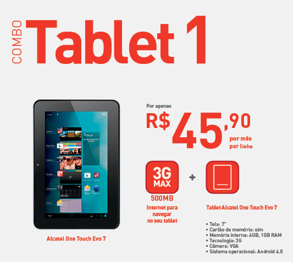 Oferta Combo Tablet 1 da Claro com o tablet 3G Alcatel One Touch EV07 e uma internet 3GMAX de 500MB. Informações ligue(11) 2823-6823