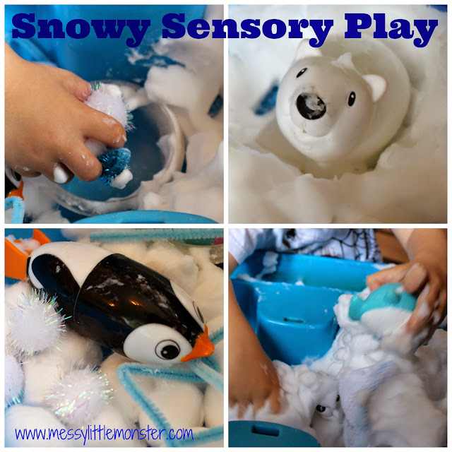Snowy sensory play activity for toddlers and preschoolers.  Create a simple small world winter scene using foam soap, penguins and polar bears.