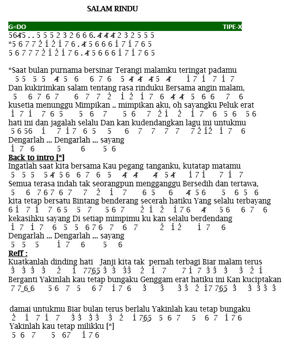 Not Angka Lagu Tipe X Salam Rindu Dunia Lirik Not Lagu