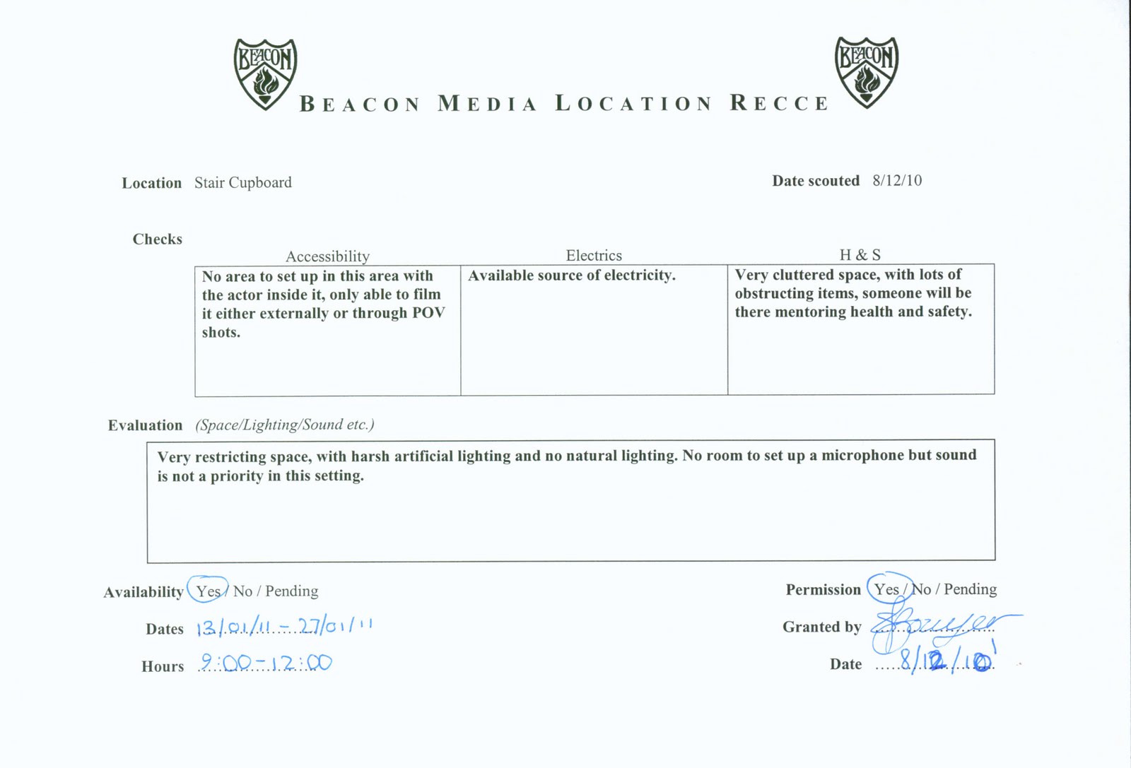 Pre-Production: Recce Form's