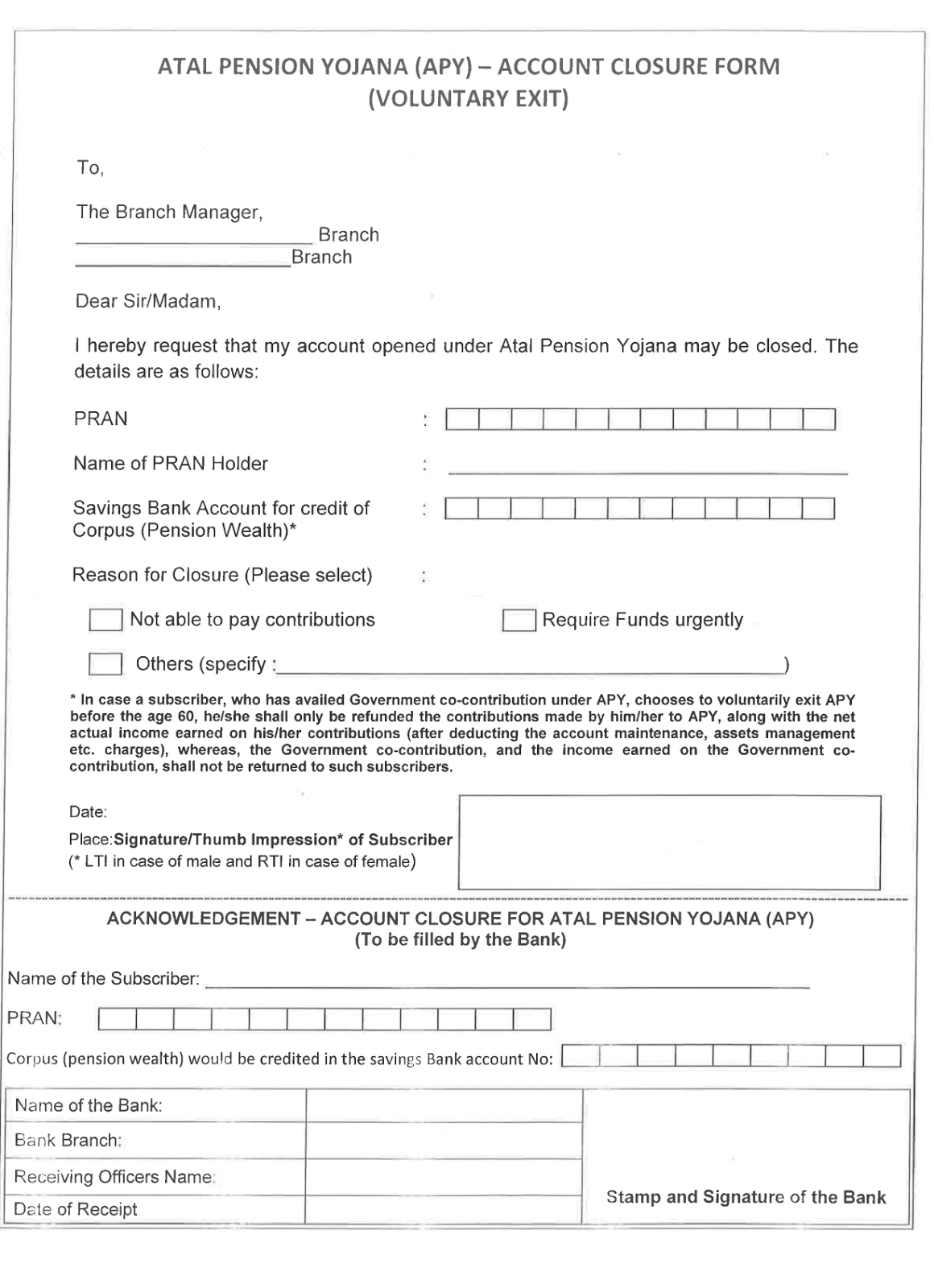 Procedure Voluntary Exit From APY Before 60 Years Finacle Solution