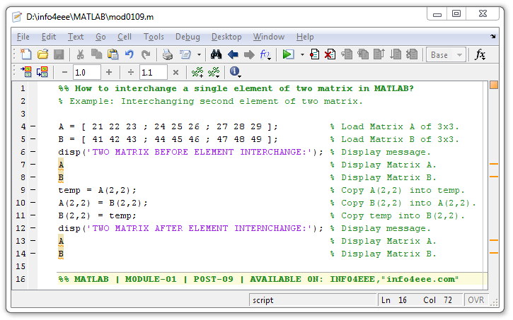 How to interchange a SINGLE ELEMENT of two matrix in MATLAB - INFO4EEE