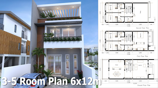SketchUp 3 Story Home Plan 6x12m - Samphoas House Plan