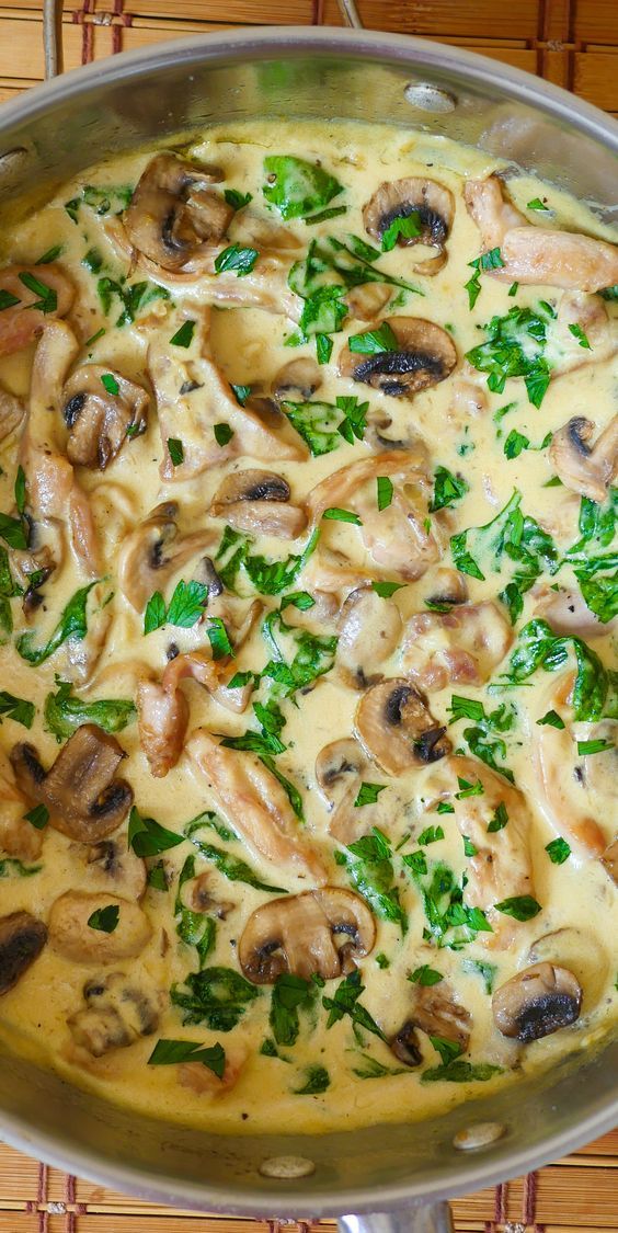 Chicken and Spinach in Creamy Mushroom Sauce - easy weeknight dinner recipe.