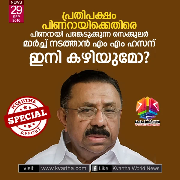 M M Hasan in dilemma, secular march is very nearest, how can he invite Pinarayi so far, Thiruvananthapuram, Youth Congress, March, Inauguration, Conference, Oommen Chandy, Ramesh Chennithala, Chief Minister, Channel, Criticism, Kerala.