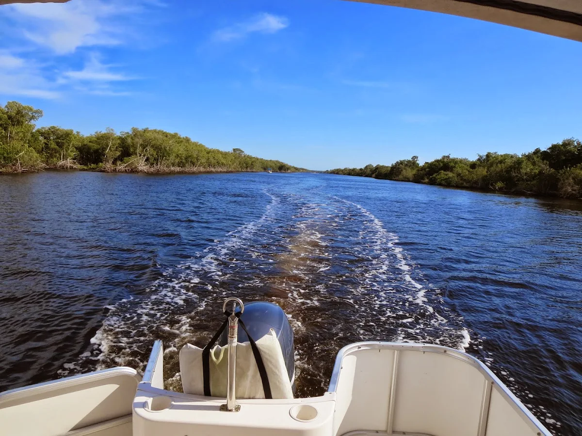 Boat wake along a channel through the Florida Everglades.