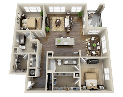 Open 3d floor plans with double bedroom and outdoor balcony Open 3d floor plans with double bedroom and outdoor balcony