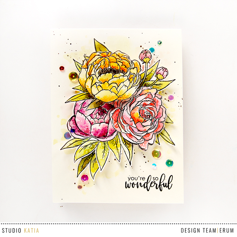 Studio Katia Blooming Bunch Stamp Set watercoloured with distress inks | Erum Tasneem | @pr0digy0