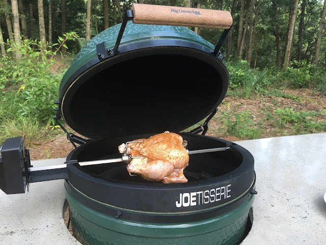 Juiciest rotisserie chicken roasted on a Big Green Egg using the JoeTisserie.  Served with "Beets & Sweets" | The Lowcountry Lady