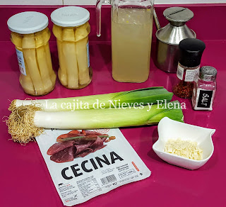 Ingredientes Crema de espárragos blancos con crujiente de cecina, parmesano y pimienta rosa