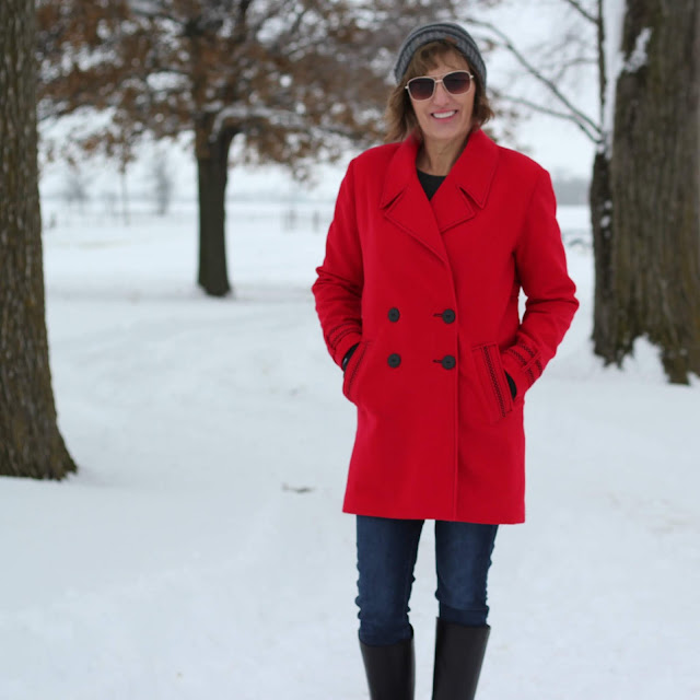 Simplicity 8451 red wool coat with decorative stitches created in the Embroidery Mode with the Pfaff Creative Icon