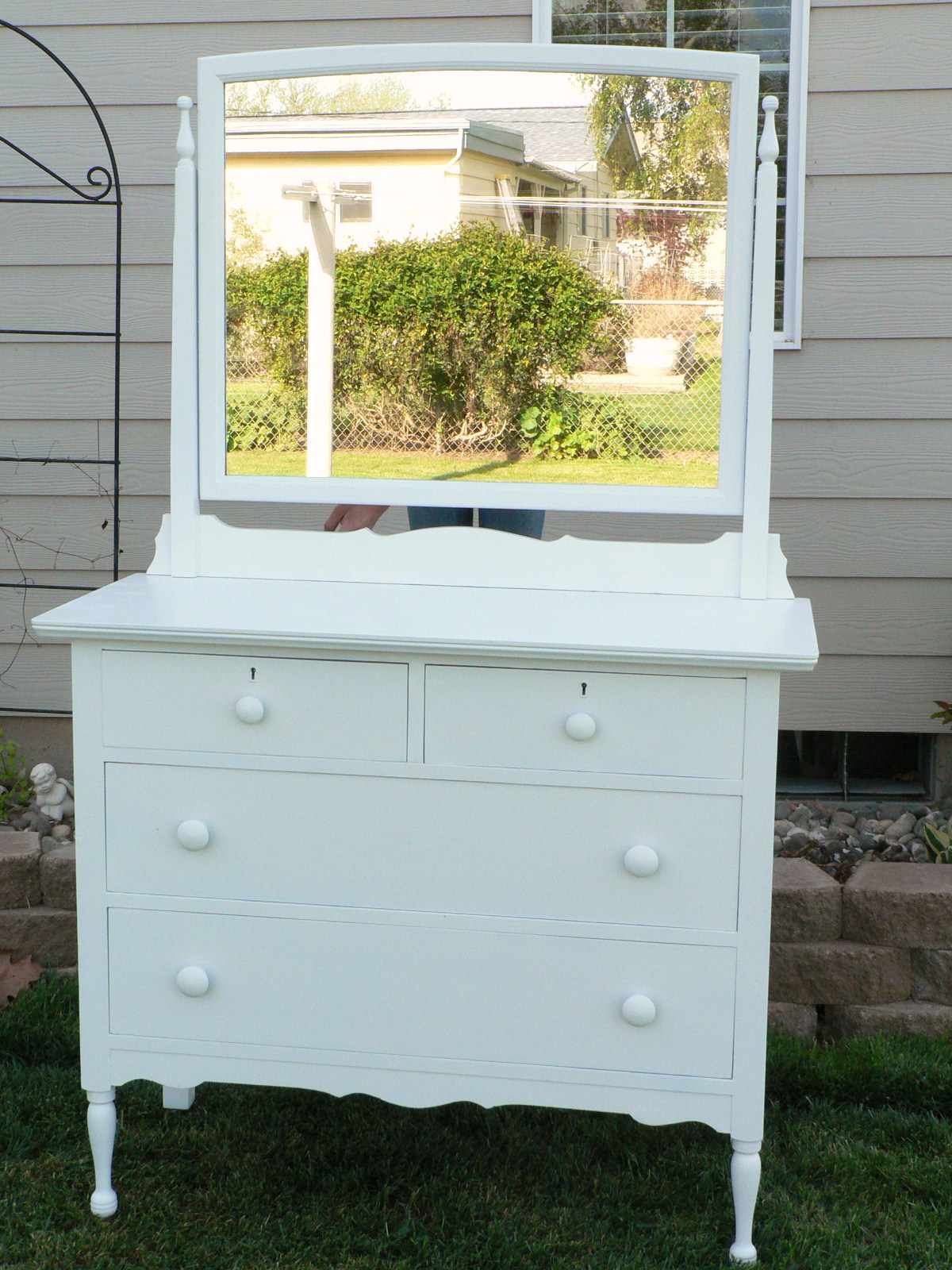 For the Love of it White Antique Dresser with Mirror and A Burlap Wreath