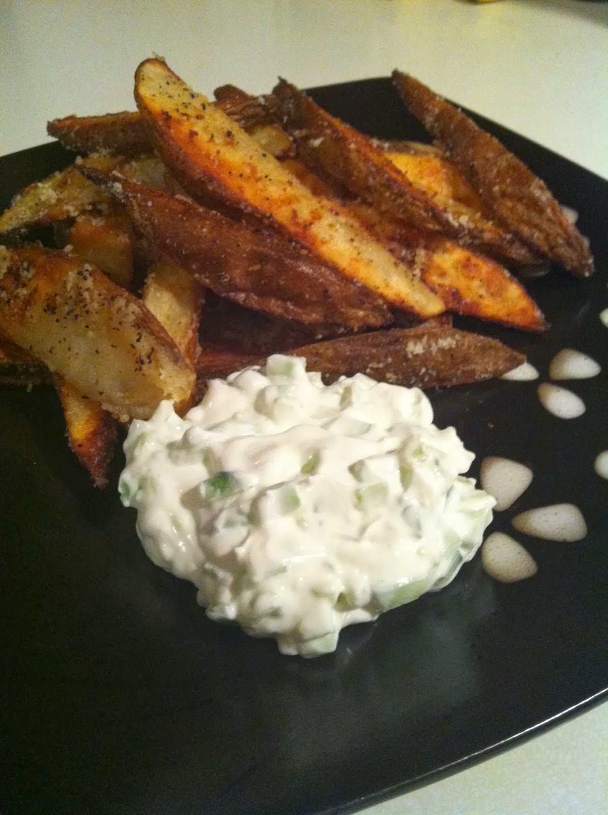 Parmesan Garlic Baked Potato Fries with Cucumber Dip