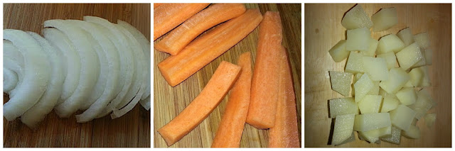 Chopped ingredients; onion, carrot, potato