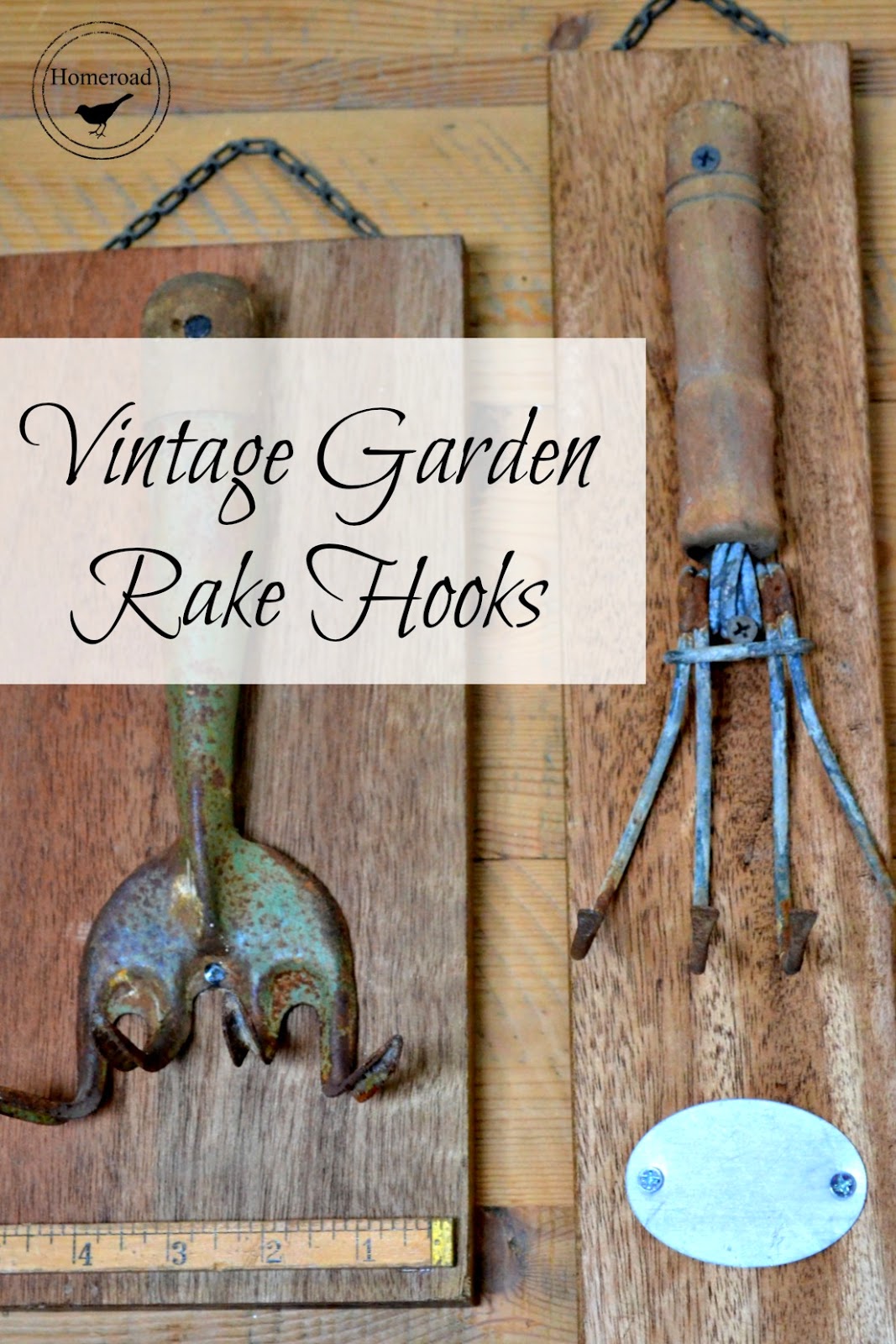 Vintage garden rakes with overlay text