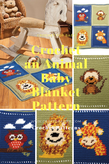 Crochet an Animal Baby Blanket Pattern Featuring a giraffe, monkey, owl and Lion