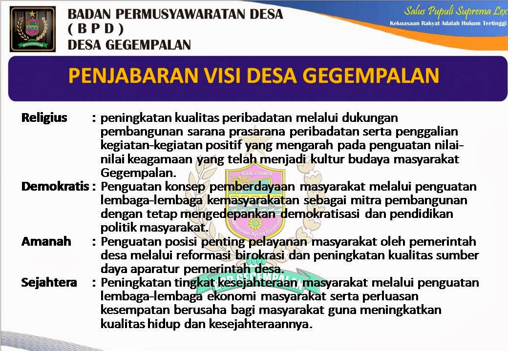 BPD GEGEMPALAN CIKONENG: OPINI : VISI & MISI DESA GEGEMPALAN 2014-2018