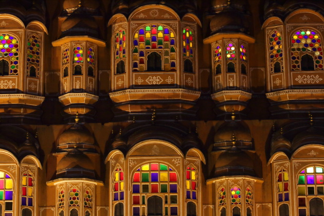 Colorful Mirror work on the rear walls of the Hawa Mahal, Jaipur, Rajasthan
