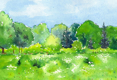 watercolor painting of woodland bike trail 