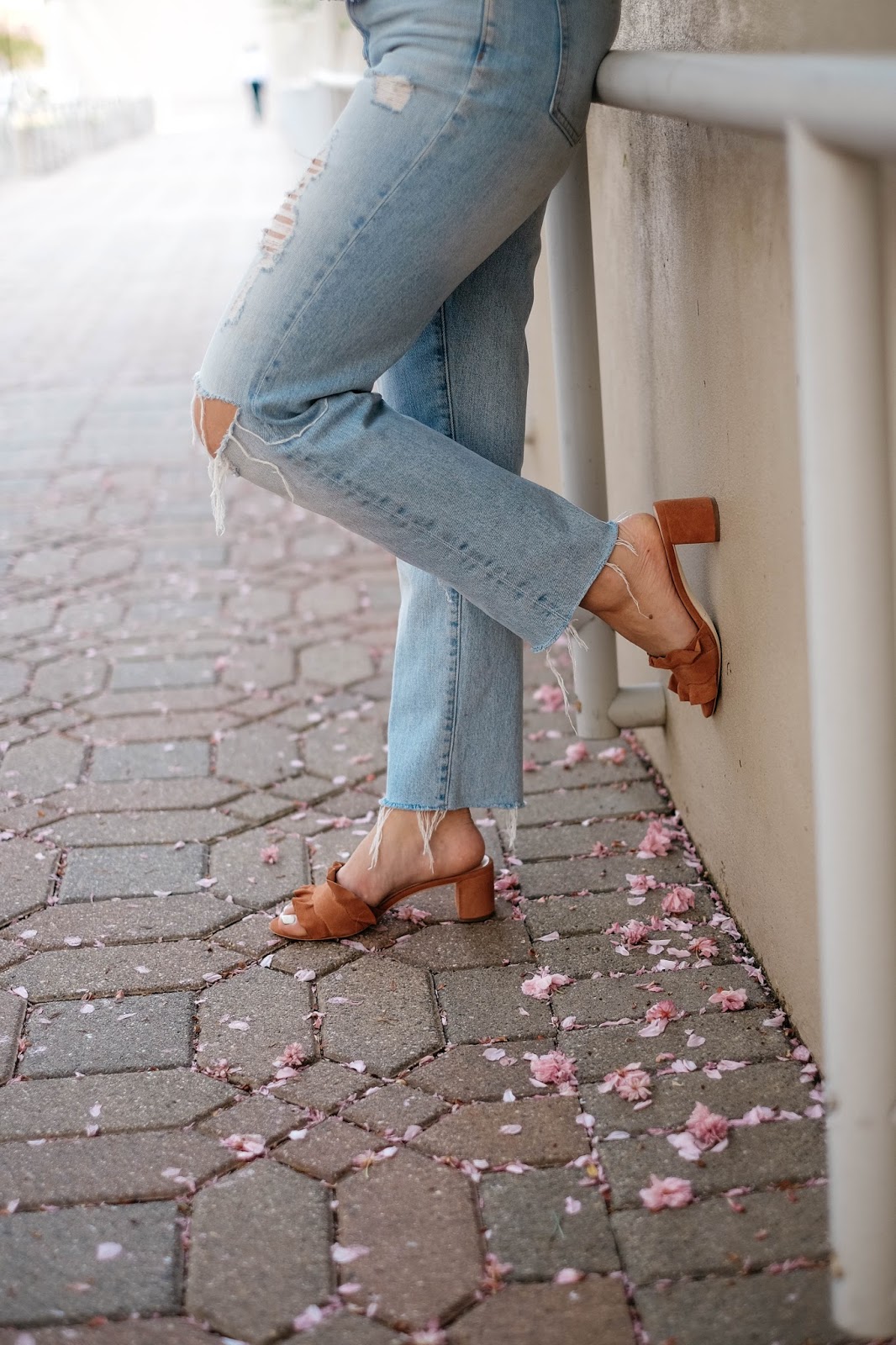 distressed jeans, madewell jeans, poplin blouse, striped shirt, summer, outfit, inspiration, blog, blogger, style, fashion, outfit ideas, JOA, loeffler randall, ruffle sandals, vera sandals