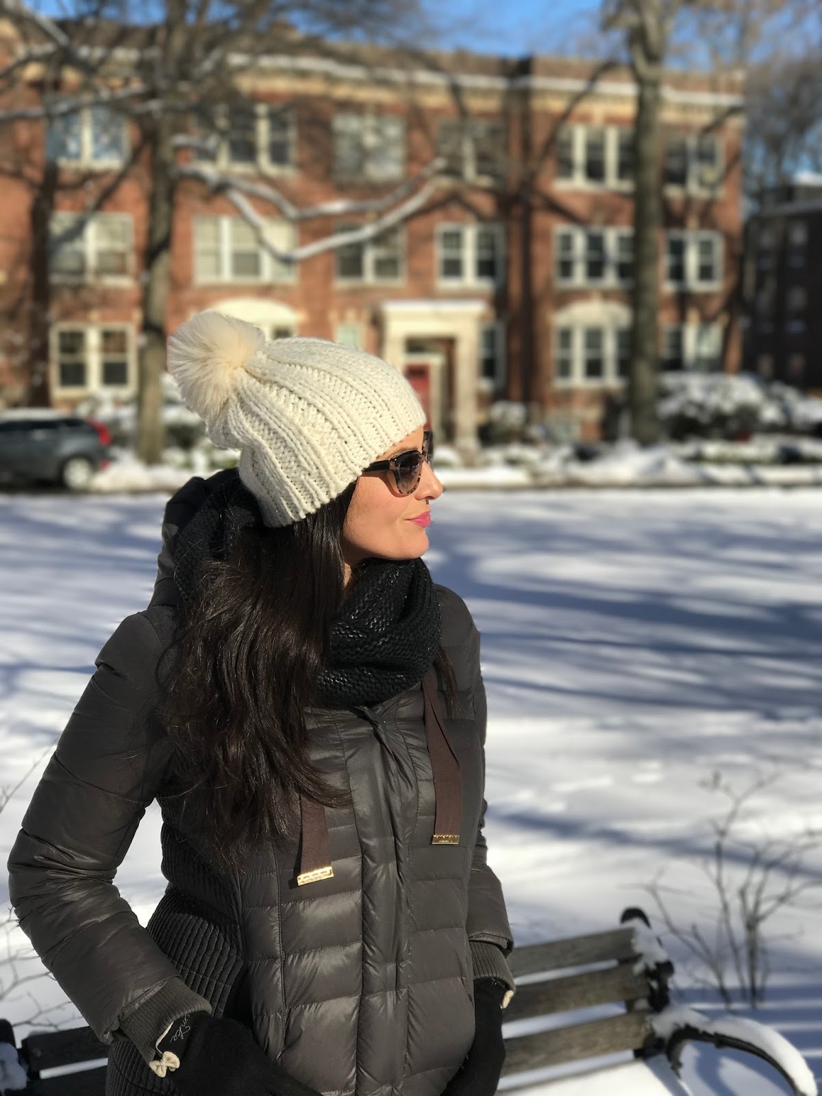 what to wear in the winter, pom pom hat with sunglasses