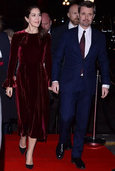 Crown Princess Mary wore a cherry wine colour tailored velvet midi dress by Beulah London, and Pura Lopez Kameron evening heeled pumps